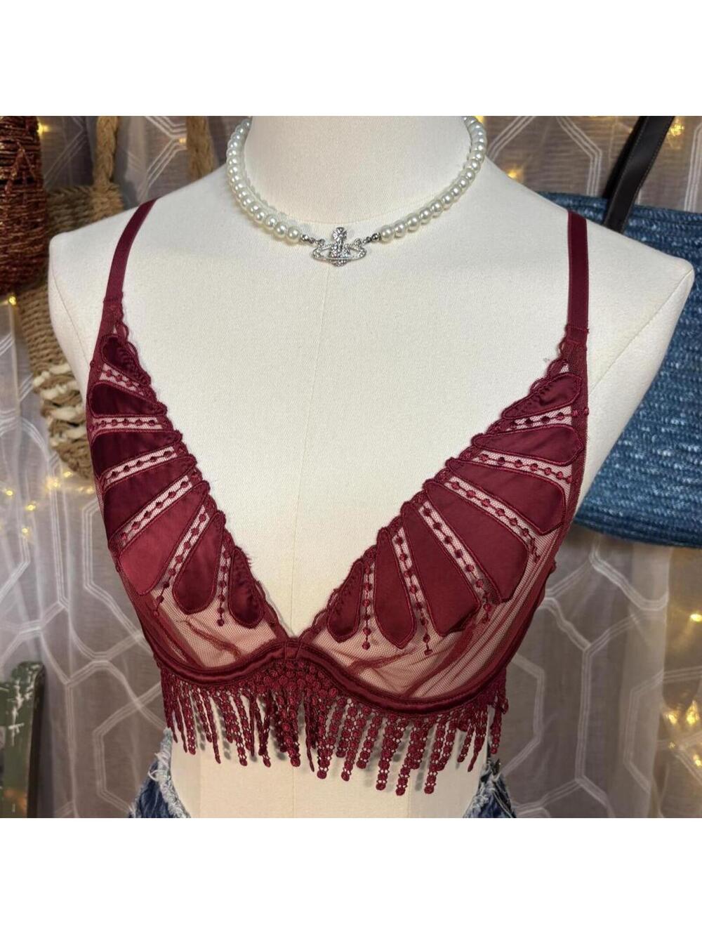 MONE PERELLE Burgundy Lace Fringe Bralette Coquette Boudoir Dark Feminine XS